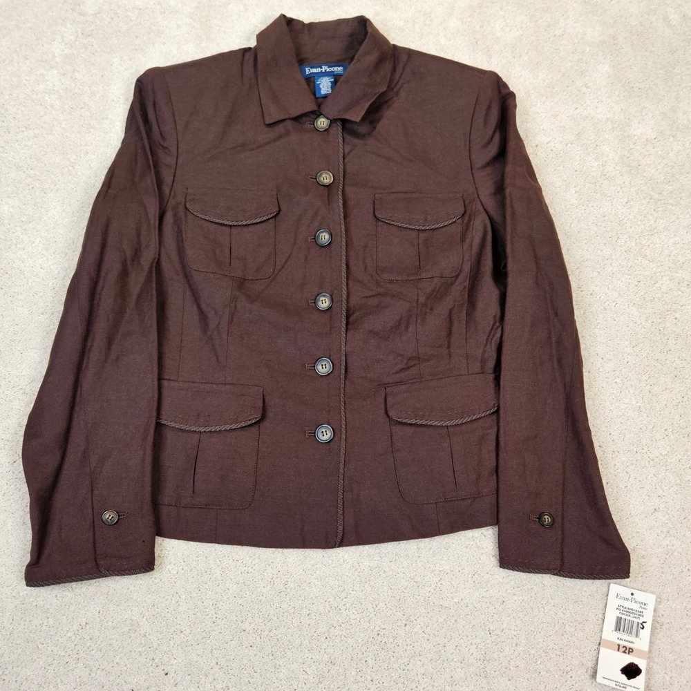 Evan Picone Petite Cocoa Brown Linen Blend Button‎ Front Lined Blazer Jacket 12P
